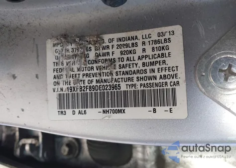 2013 Honda Civic Ex из США, поврежденный, VIN 19XFB2F89DE023965